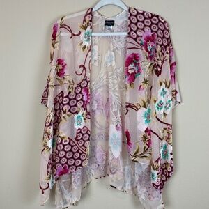 B. Boutique by Evergreen Sheer Cream Kimono with Pink/Gold Floral Accents